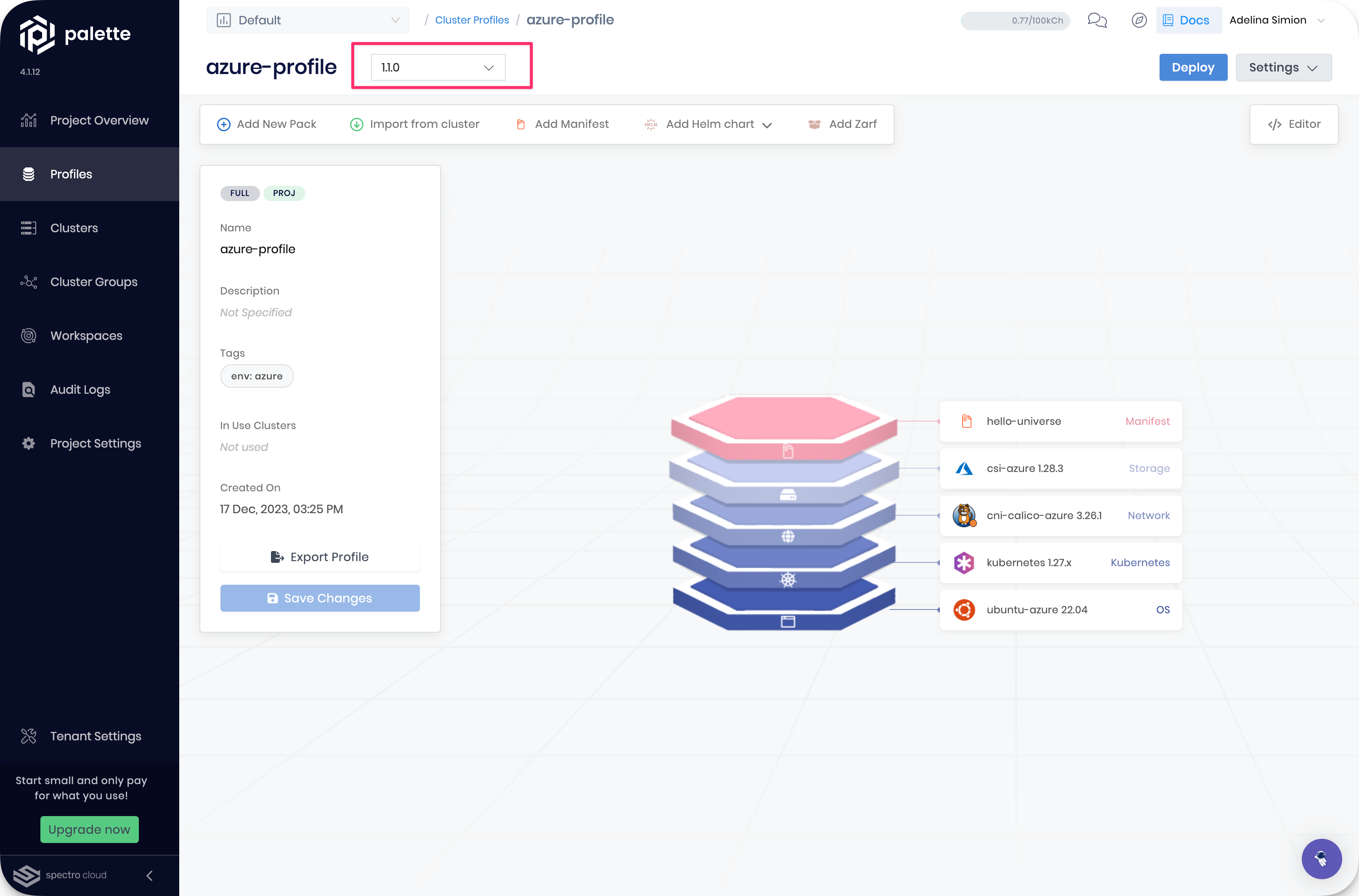 Image that shows cluster profile version 1.1.0