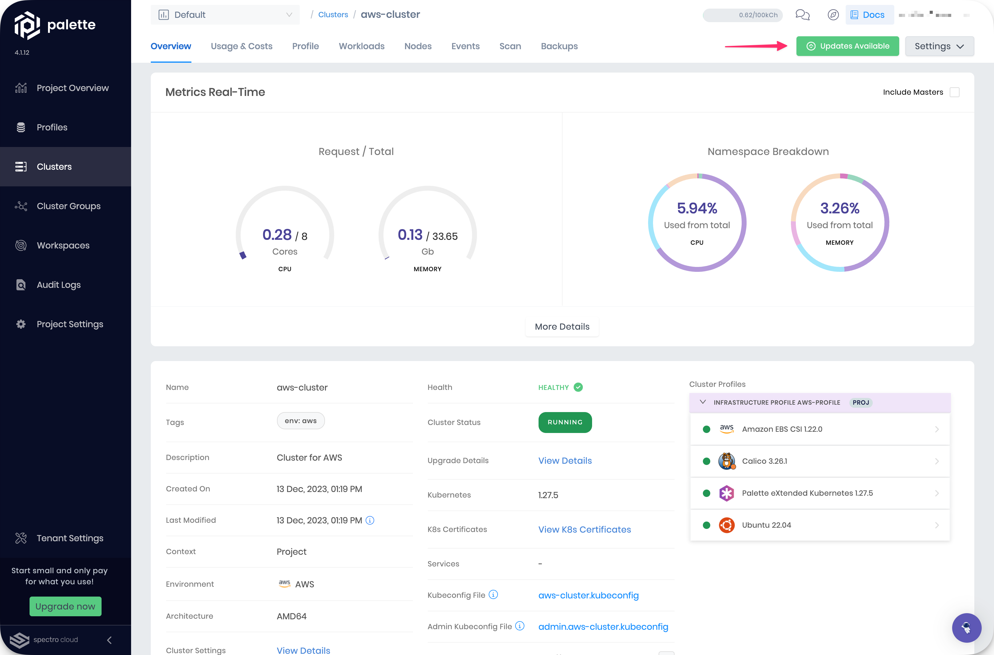 The cluster details page with a view of pending updates