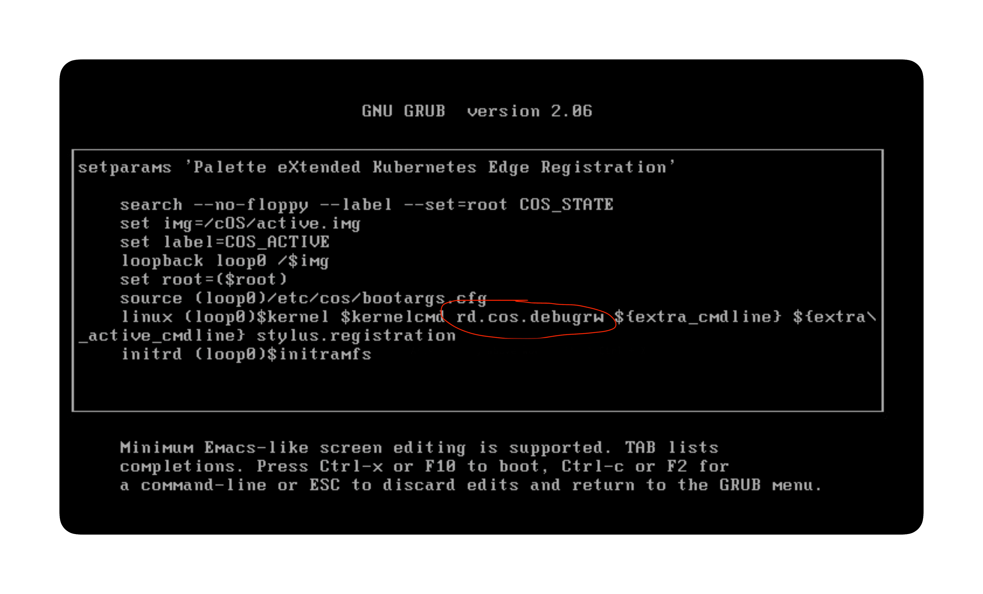 The grub menu displays with the command rd.cos.debugrw typed in the terminal.